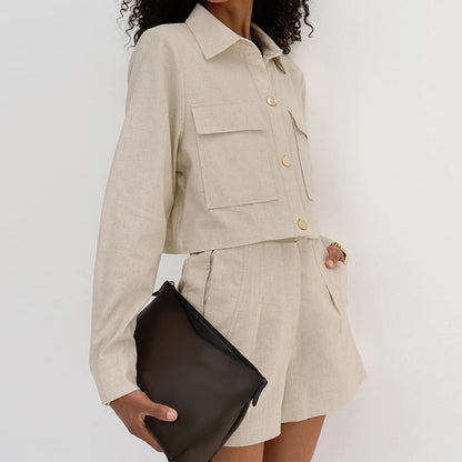 Khaki Cotton And Linen Lapel Long Sleeve Women's Suit