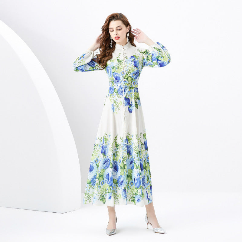 Retro Stand Collar Single-breasted Printed Wide Swing Long Dress