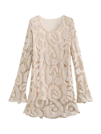 Women's Fashion Temperament Round Neck Loose Long Sleeves Crocheted Knitted Dress