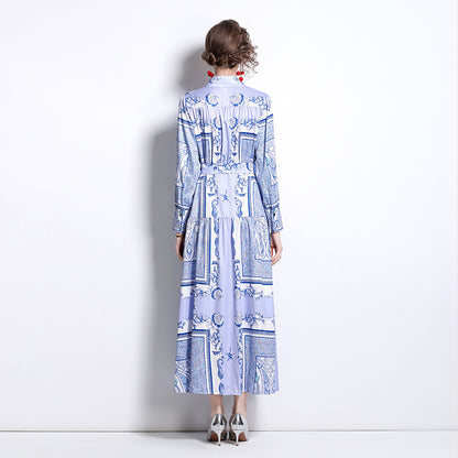 Vintage Totem Printing Temperament Long Sleeve Large Swing Dress