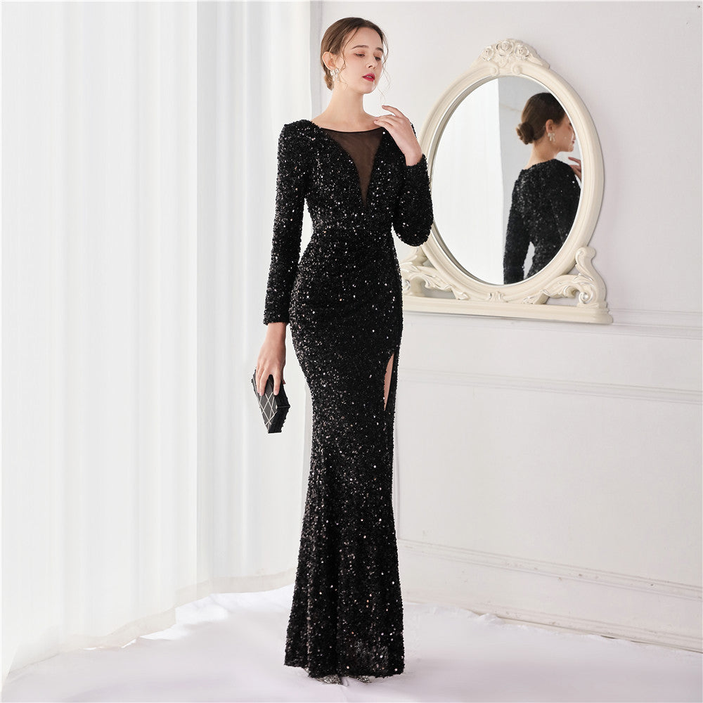 Banquet Temperament Long Sleeve Sequined Atmosphere Queen Fishtail Evening Dress