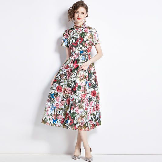 Printed Butterfly Short Sleeve Slim Fit Dress