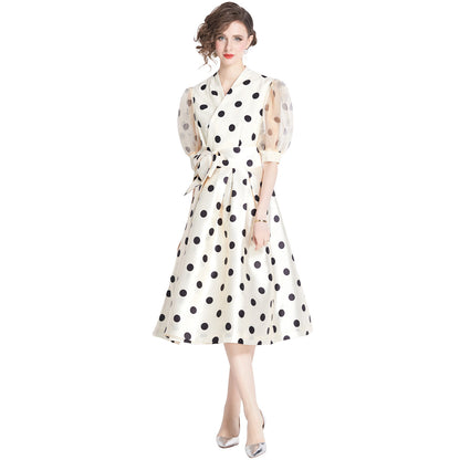 French Fitted Waist Polka Dots Dress 1-sense Long Skirt