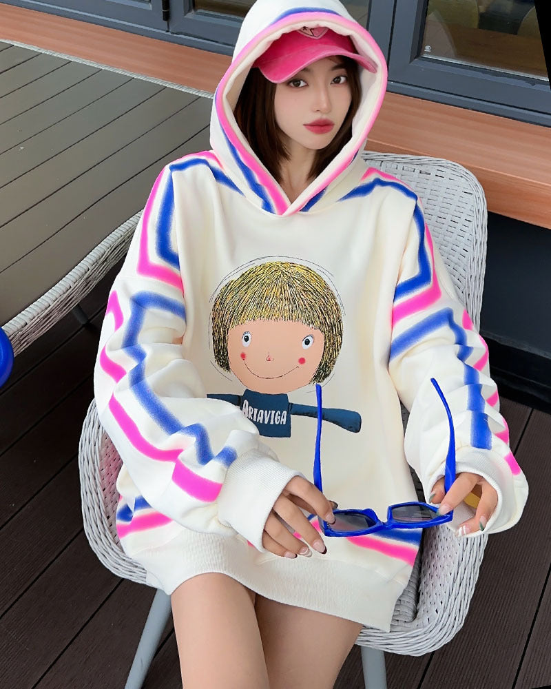 Cartoon Pattern Tie-dye Velvet Padded Hooded Sweatshirt Women