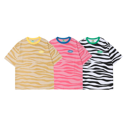 American European And American Harajuku Style Color Block Zebra Pattern Short Sleeve