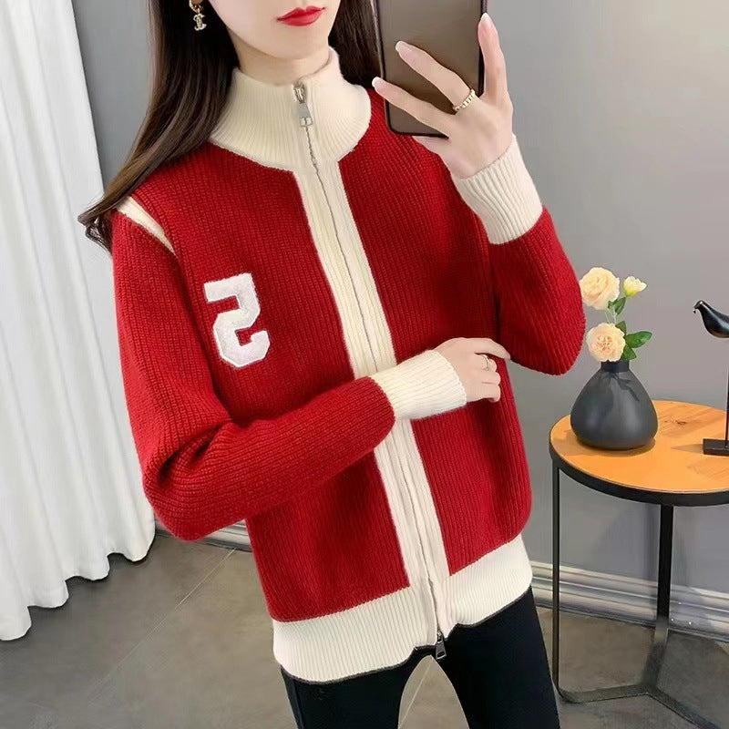 New Korean Style Loose High Collar Knitwear Sweater Cardigan Women's Zipper Coat