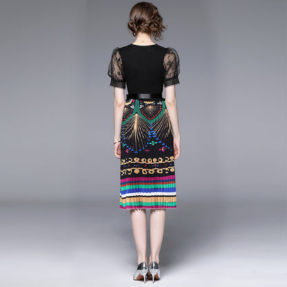 Slimming False Two-piece Mesh Stitching Printing Dress