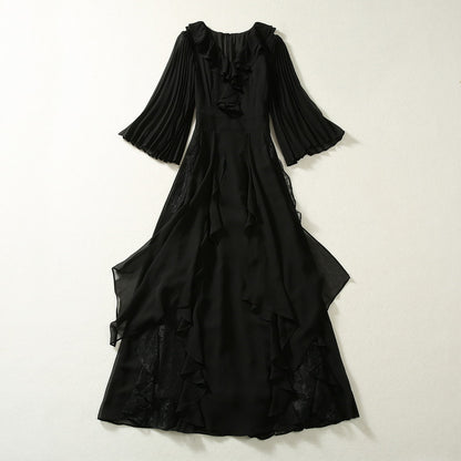 Pleated Bell Sleeve Heavy Industry Ruffled Chiffon Dress