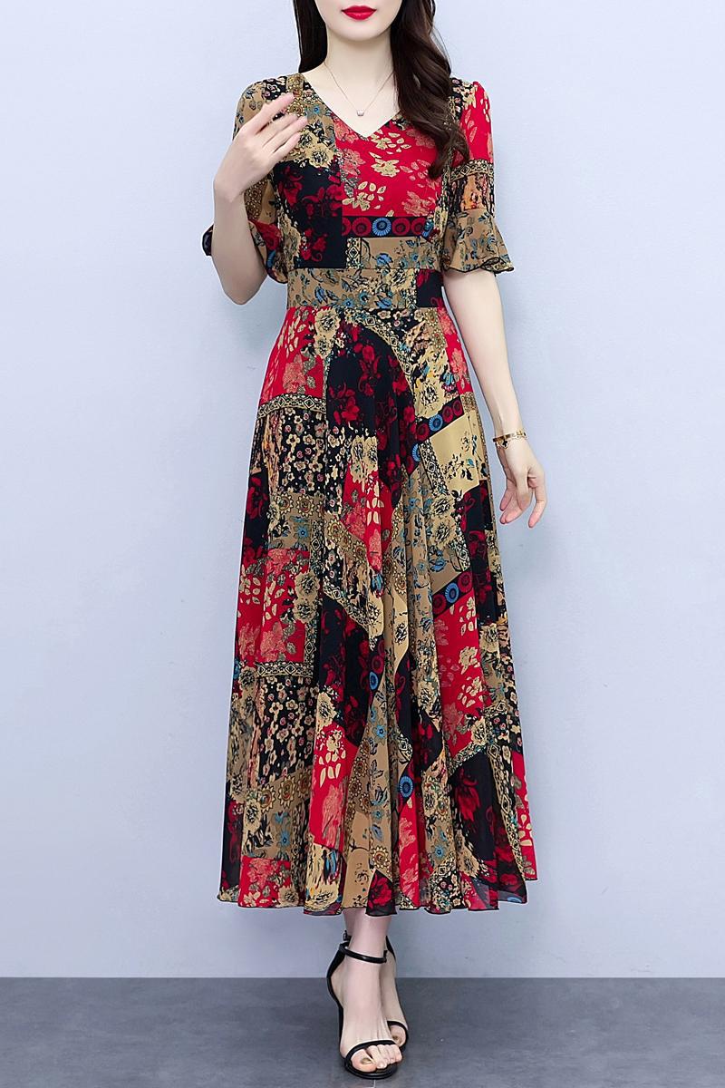 Spring And Autumn Chiffon Floral Dress