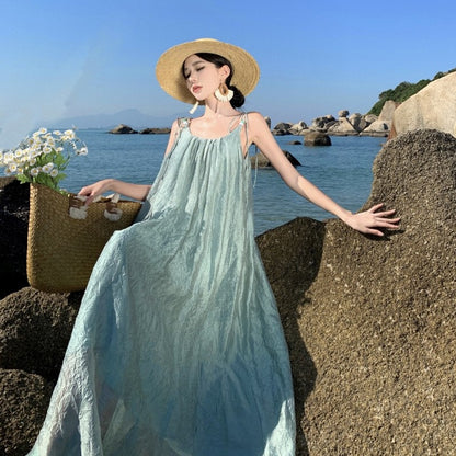 Sanya Seaside Vacation Travel Backless Green-blue Long Dress