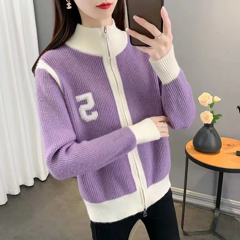 Nouveau Style coréen col haut en vrac pull en tricot Cardigan femmes manteau à glissière