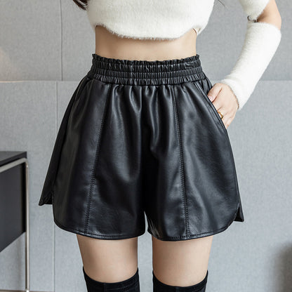 PU Leather Elastic Waist Autumn And Winter A- Line Small High Waist Slimming Outside Wear Casual Shorts