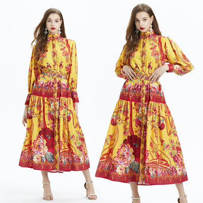 Lantern Sleeve Printed Long Sleeve Elegant Linen Waist Trimming Ruffles Dress