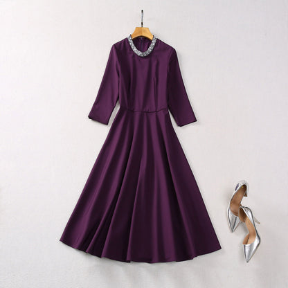 Stand Collar Pearl 34 Sleeve Dress