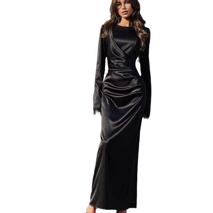 Satin Slim Fit Temperament Waist-controlled Long Sleeve Feather Long Dress Women