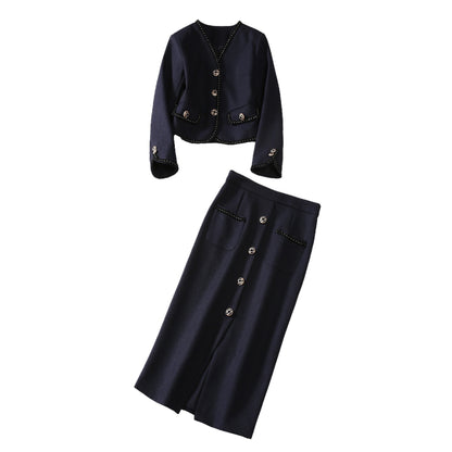 Rivet Lace V-neck Coat Front Slit Skirt Fashion Suit