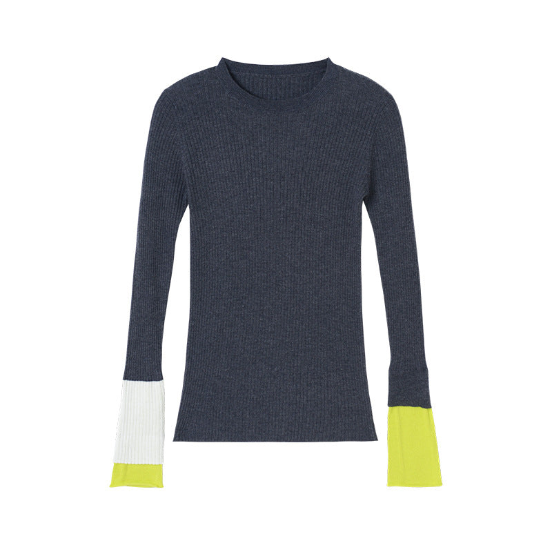 Japanese Version Asymmetric Contrasting Color Cuff Ribbing Bottoming Round Neck Slim Sweater