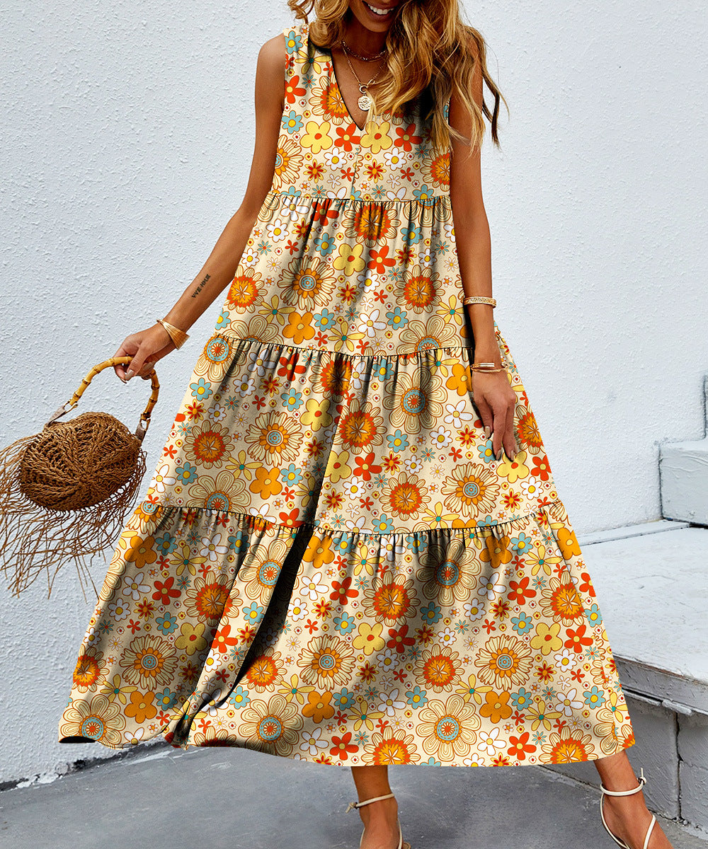 Printed V-neck Patchwork Large Swing Dress