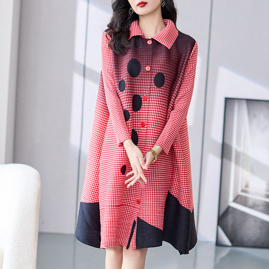 Pleated Plaid Printed Dress Mid-length