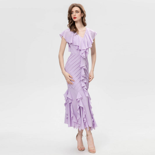 Heavy Industry Ruffled Spokes V-neck Hip Dress