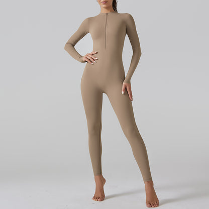 Combinaison longue skinny à fermeture éclair semi-ouverte pour femme