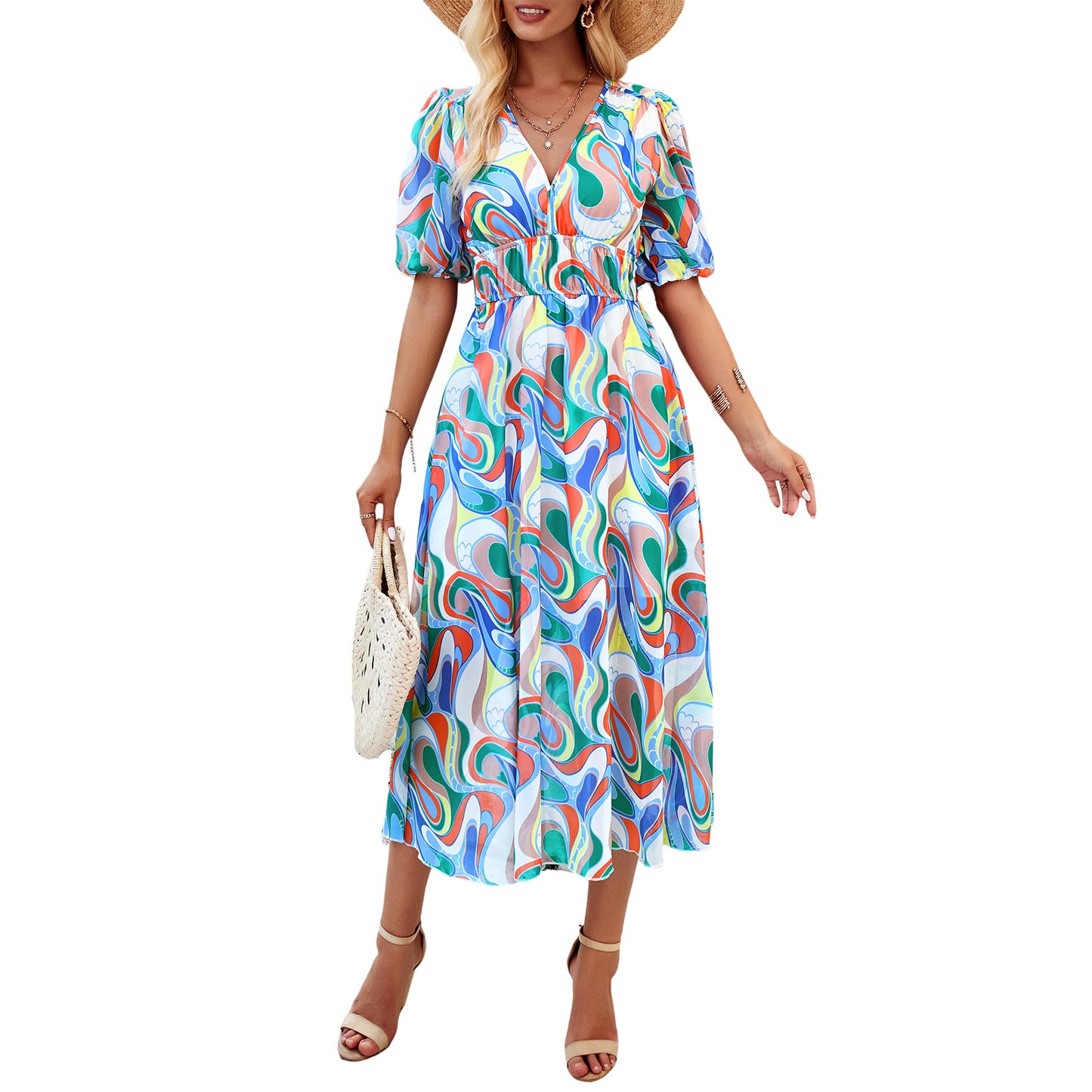 Vêtements pour femmes Robe de vacances à imprimé floral, taille serrée, col en V