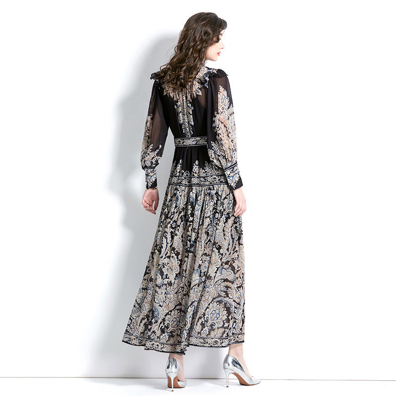 Stand-up Collar Puff Sleeve Wave Edge Printed Temperament Ankle Super Long Dress