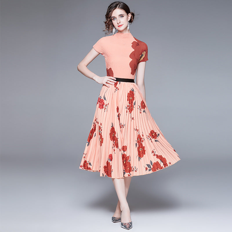 Printed Dress Pleated Fashion Suit Two-piece Set