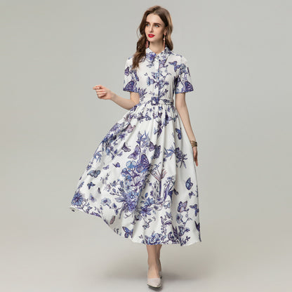 Four-sided Elastic Flower Butterfly Print Dress