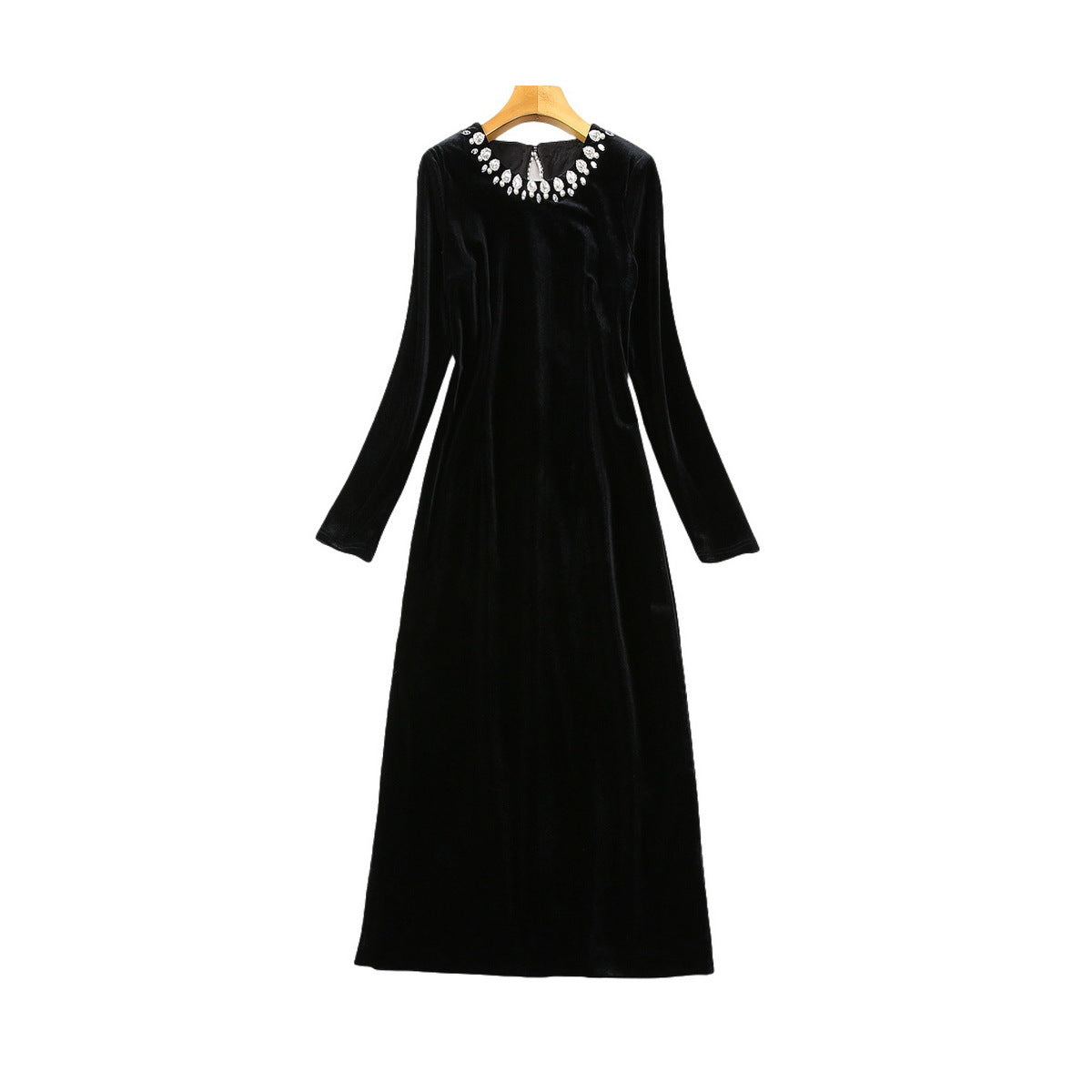 Round Neck Bead Diamond Velvet Long Sleeves Dress