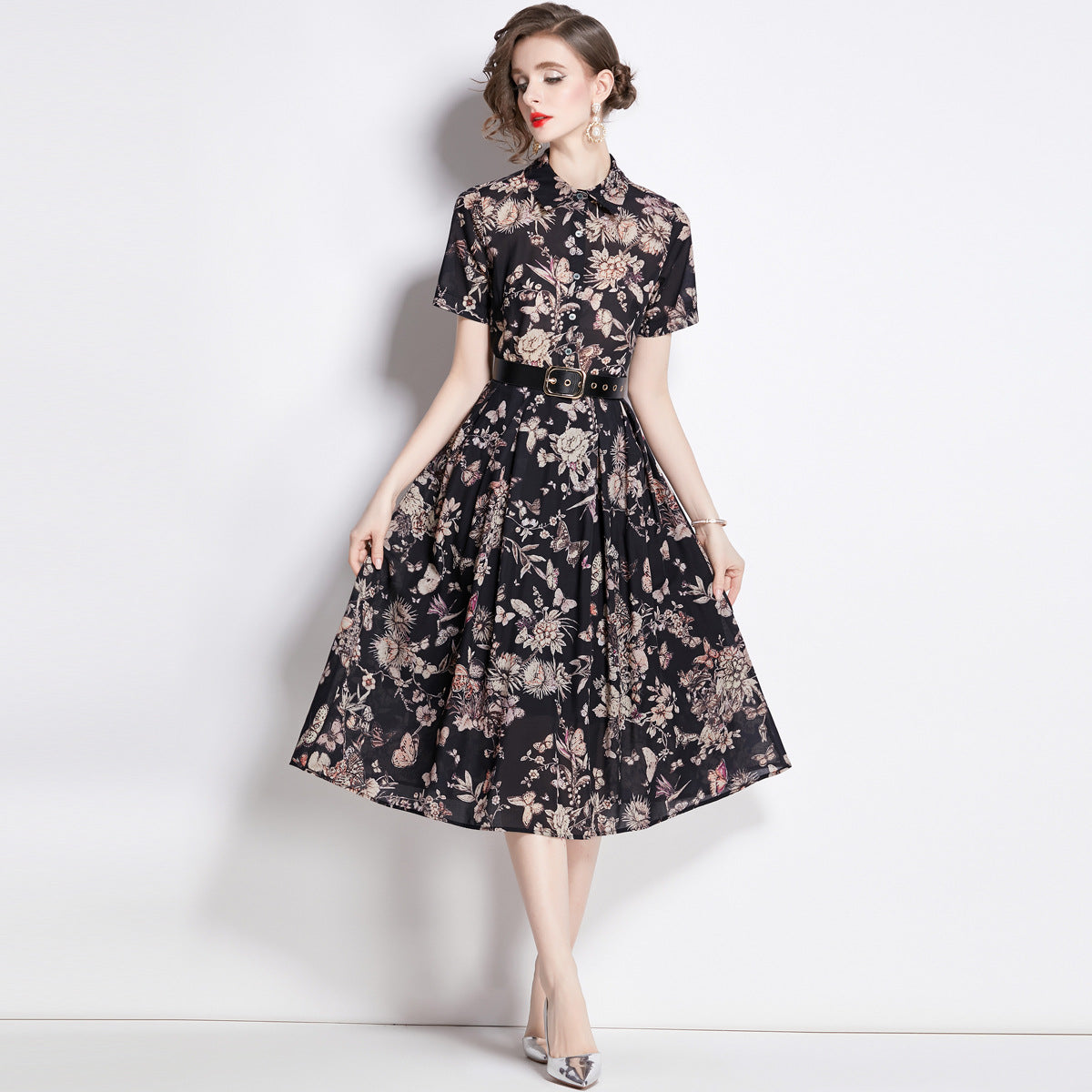 Ink Printing Mid-length Large Swing Dress