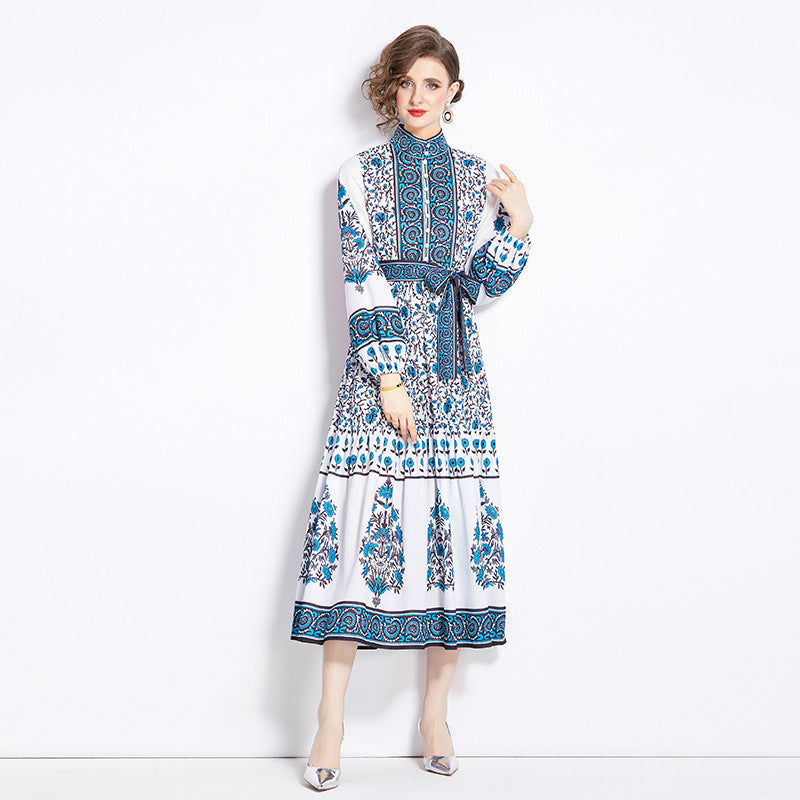 Sweet Slimming Waist Trimming Printing Elegant Big Hem Dress