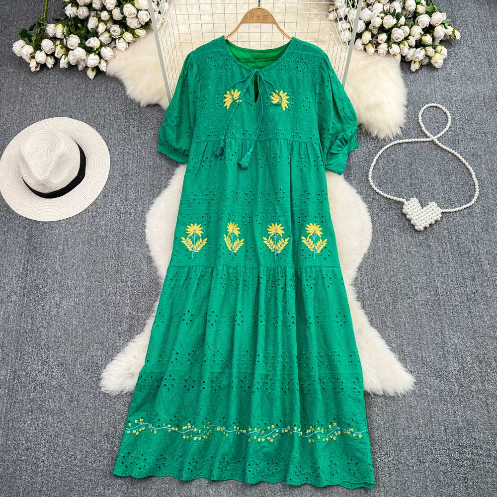 Sweet Puff Short Sleeve Round Neck Hollow Embroidery Dress