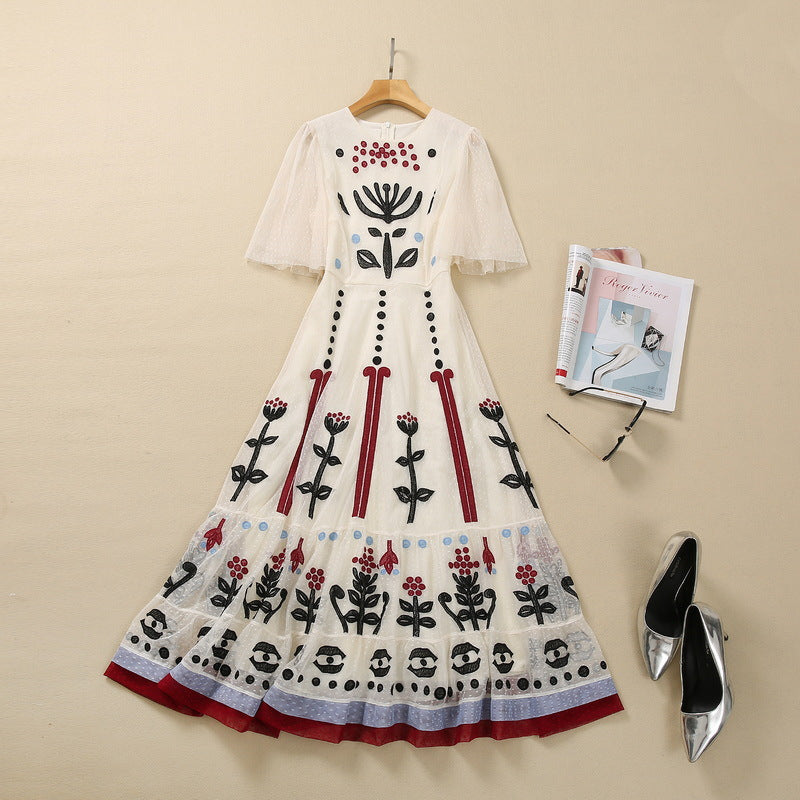 Machine Embroidery Color Matching Swing Cinched Mesh Dress