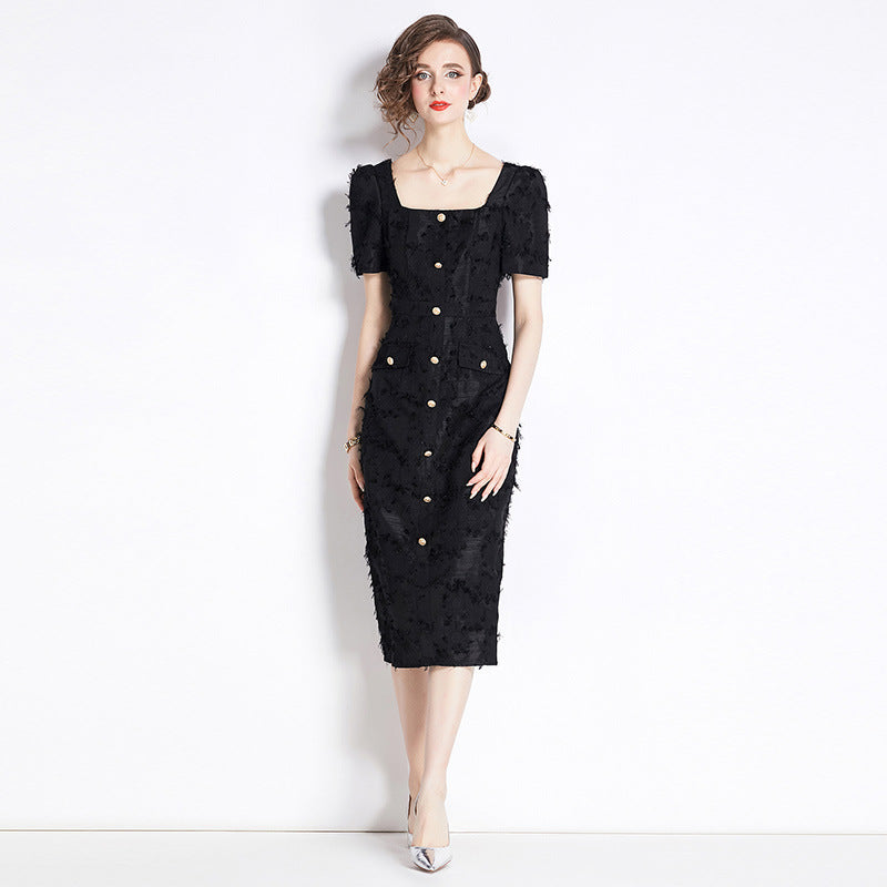 French Hepburn Style Vintage Tassel Black Dress