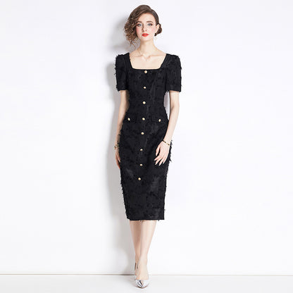 Vestido negro con borlas vintage estilo francés Hepburn