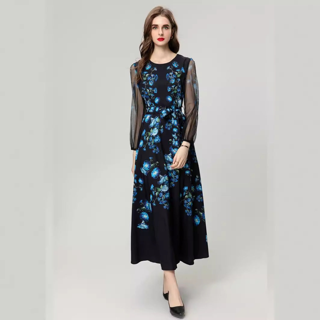 Peacock Blue Flower Front Piece Heavy Industry Manual Bead Long Sleeve Dress