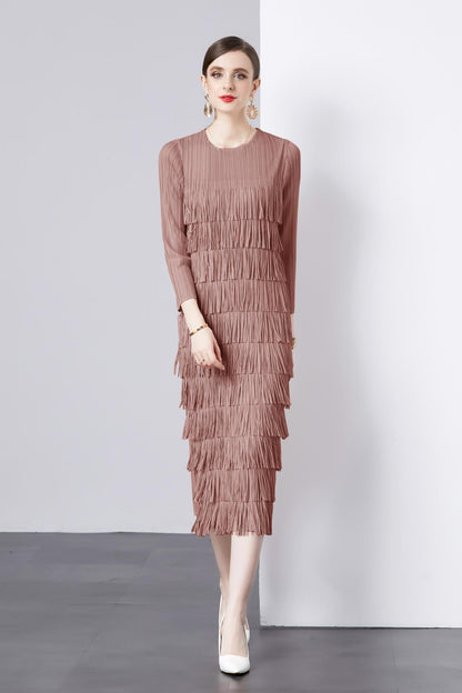 Three Quarter Sleeve Cake Dress Pleated