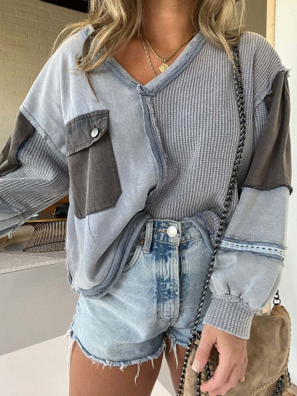 Pull décontracté court en denim de couleur assortie pour femme