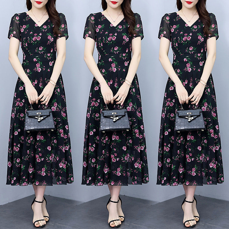 Chiffon Floral Dress Plus Size Plump Girls Waist-tight