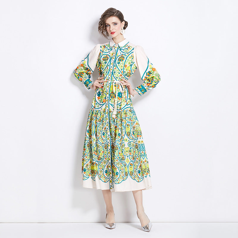 Retro Cotton And Linen Lapel Lantern Sleeve Printing Dress