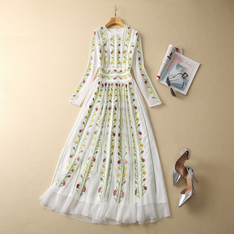 Mesh Embroidery Large Skirt Waist-controlled Long Sleeves Dress