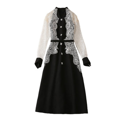 V-neck Pearl Rhinestone Buckle Jacquard Water Soluble Long Sleeve Dress