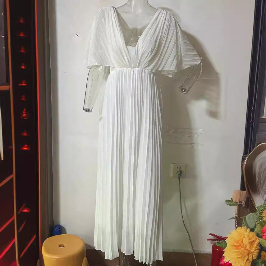 Vestido de cintura alta con manga murciélago y cuello en V para mujer