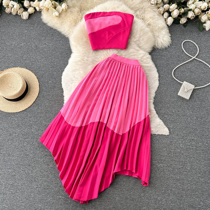 Contrast Color Tube Top Irregular Pleated Skirt