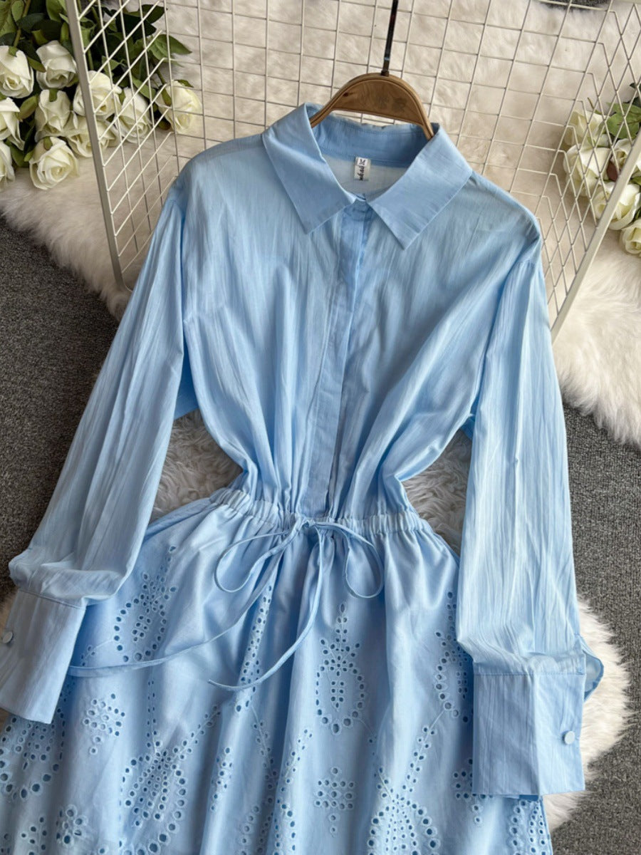 Waist-tight Slimming Lantern Sleeves Shirt Midi Dress