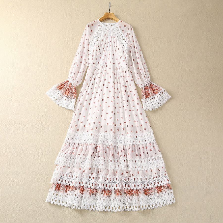 Shoulder Batwing Long Sleeve Collage Water Soluble Floral Dress