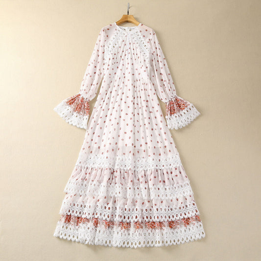 Shoulder Batwing Long Sleeve Collage Water Soluble Floral Dress