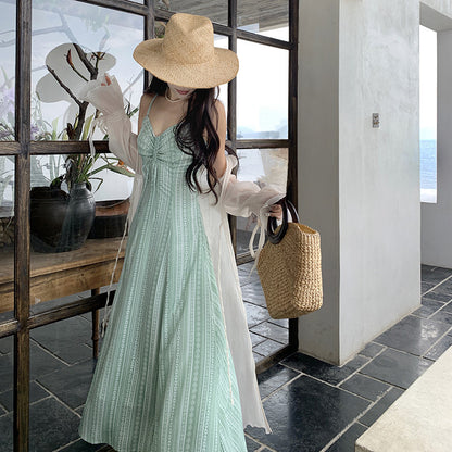 Vacation Style Light Green Printing Slip Dress