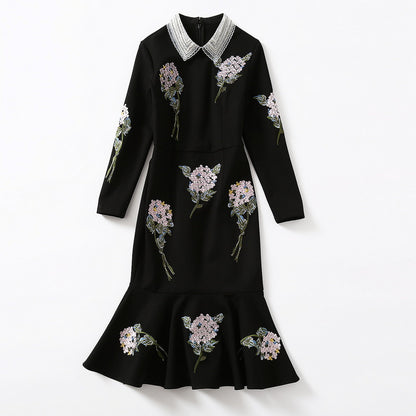 Pearl Diamond Lapel Knitted Embroidered Long Sleeve Dress